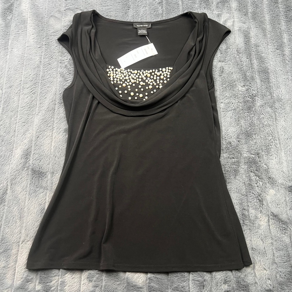Spense Womens Black Cowl Neck Faux Pearl Rhinestone Blouse SMJ4258 Size M